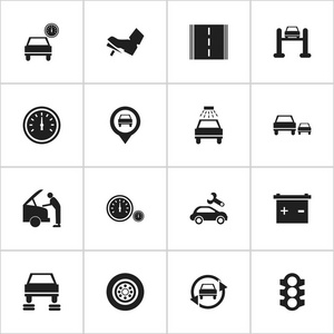 16 可编辑汽车图标集。如蓄能器，踏板，汽车离不开包括符号和更多。可用于 Web 移动 Ui 和数据图表设计