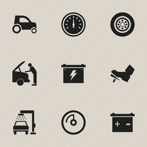 9 可编辑交通图标集。包括蓄电池 电池 轮胎等符号。可用于 Web 移动 Ui 和数据图表设计