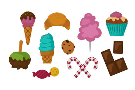 糖果食品烘焙甜点糖糖果棒糖形设计和零食巧克力蛋糕多彩假日糖果焦糖图标矢量图