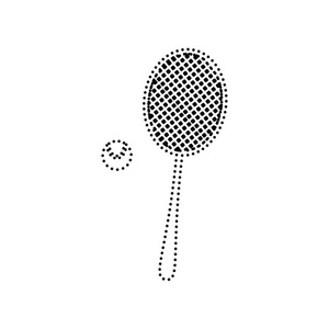 网球球拍标志。矢量。白色背景上的黑色虚线的图标。分离