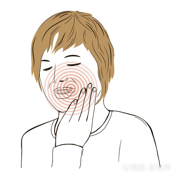插图与女孩患牙痛