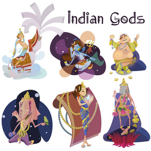 在瑜伽中的孤立印度神冥想套构成莲花和女神印度教宗教，传统的亚洲文化精神的神话中，神崇拜节日矢量插图，t 恤概念