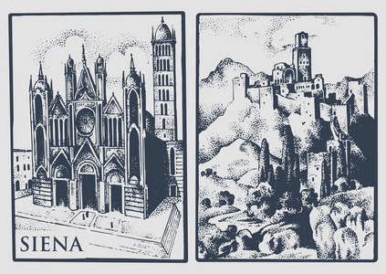 两个老式明信片与 Tuskany，意大利的风景。锡耶纳的大教堂和城堡在山老式 lookiing 刻，手工绘制的插图，老