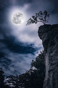 天空多云美丽的满月与巨石