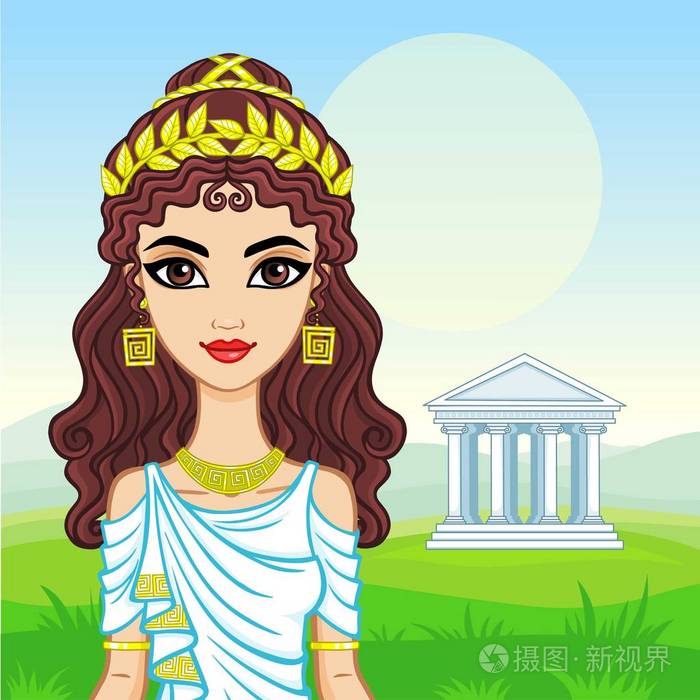 动画的古希腊的传统衣服漂亮的年轻女人的画像.背景-山景观 仿古寺.