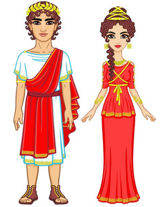 动画肖像的衣服在古希腊的一个家庭。充分的成长。在白色背景上孤立，矢量图