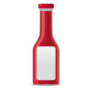 现实的玻璃瓶，西红柿酱或番茄酱。矢量