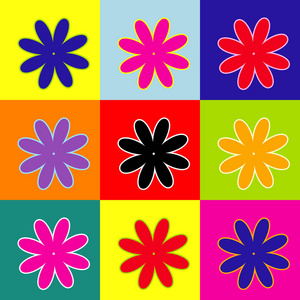 花标志图。矢量。波普艺术风格多彩图标设置使用 3 种颜色
