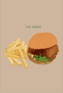 鱼汉堡包和炸薯条，手绘插画