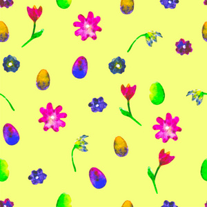 无缝花纹。手绘雏菊和郁金香梅花。明亮的水彩插图。七彩花朵结束在黄色背景上的鸡蛋。春天的壁纸。为打印 织物 纺织 纸