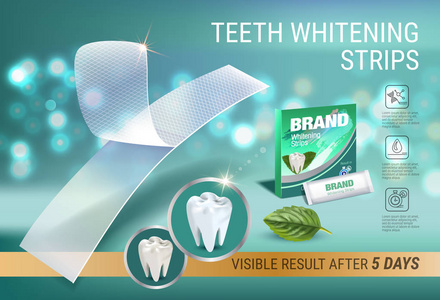 专业美白条纹广告。矢量与牙齿漂白白和薄荷的 3d 图