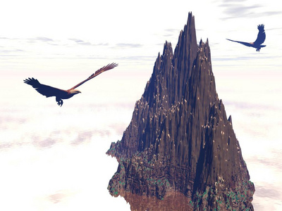鹰和梦幻般的日落3d 渲染