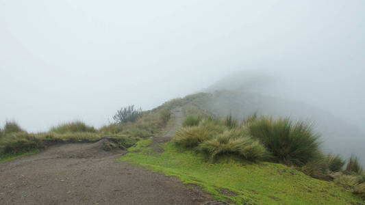 在通往山顶的高空皮钦查火山基多市附近的那条小径上多云的天气。与复制空间
