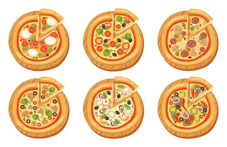比萨饼平面图标分离矢量图块切片比萨店食品菜单小吃白色背景意大利辣香肠成分交付意大利套