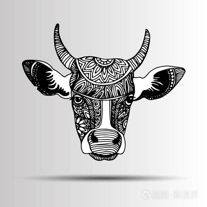 牛与模式和民族饰品 饰品的古老部落和印度人民的剪影插画-正版商用
