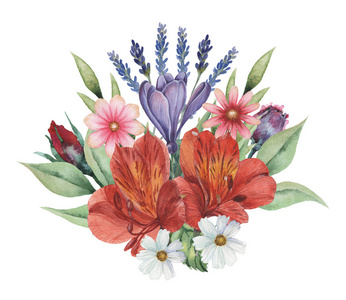 水彩画邀请设计与手绘花卉成分在白色背景上的花束