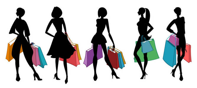 妇女与购物袋的剪影。矢量图