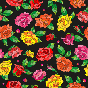 无缝模式与彩色玻璃风格的春天的花朵花 芽 叶的多彩色玫瑰在深色背景上