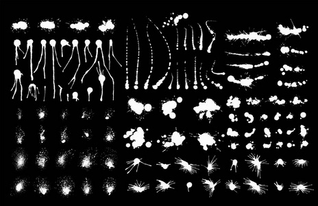 向量集的墨水溅墨水飞溅集合 grunge 设计元素和艺术杂乱的背景颜色脏液体形状飞溅黑色白色剪影图