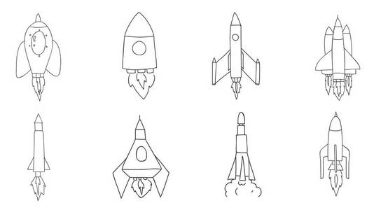 图标飞船火箭细线手绘制的矢量集艺术点检