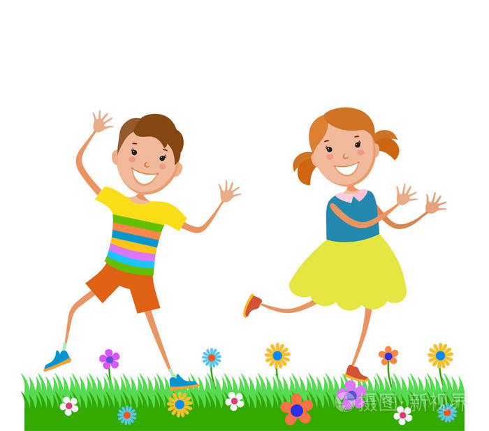 卡通小孩在颜色鲜艳的衣服跳舞