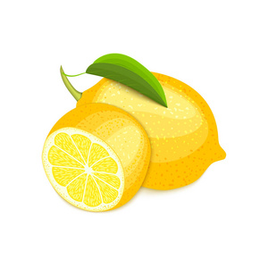 矢量组成的柑桔柠檬水果。黄色的柠檬整个和切与浆果。组的美味成熟的热带水果，设计师元素包装果汁早餐健康食品，茶