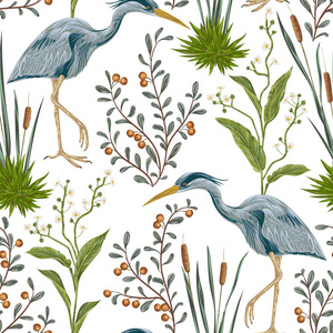与鹭鸟和沼泽植物的无缝模式。水彩风格复古手绘矢量图