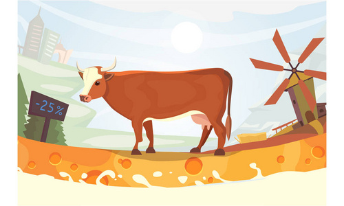 可爱的奶牛与牛奶河矢量图。多姿多彩的风景散散布农场。卡通动物