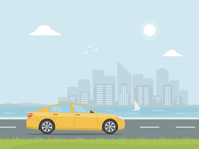 黄色汽车行驶在一条高速公路上摩天大楼的背景。横幅概念设计客场之旅。乘汽车旅行