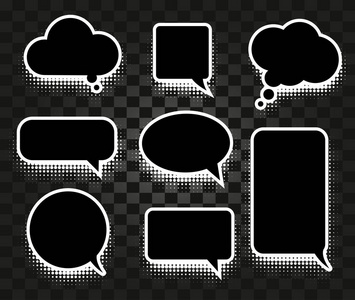 孤立抽象黑白彩色漫画讲话气球图标集合上方格的背景，对话盒标志集 对话框帧矢量图
