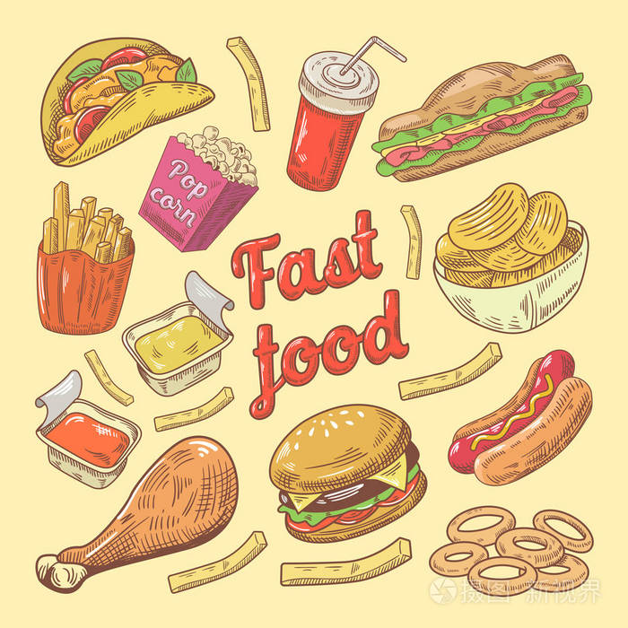 快餐食品手画的涂鸦与汉堡和薯条.矢量图