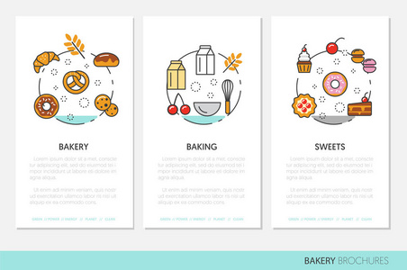 面包和甜点业务宣传册模板与细线矢量图标