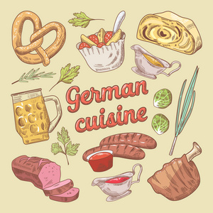 德国菜食品嘟嘟与香肠和猪肉炖煮的食物。矢量手绘插画