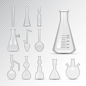 化学实验室 3d 实验室瓶玻璃器皿管液体生物技术分析和医疗及科学设备矢量图