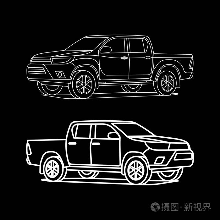 皮卡车大纲白色黑色背景绘制矢量图插画-正版商用图片
