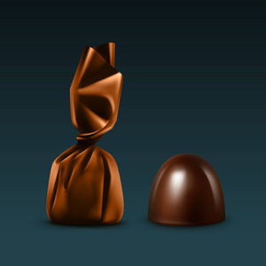 向量集的现实黑暗黑苦巧克力糖果在彩色褐色光泽箔包装靠得很近在深色背景上的分离