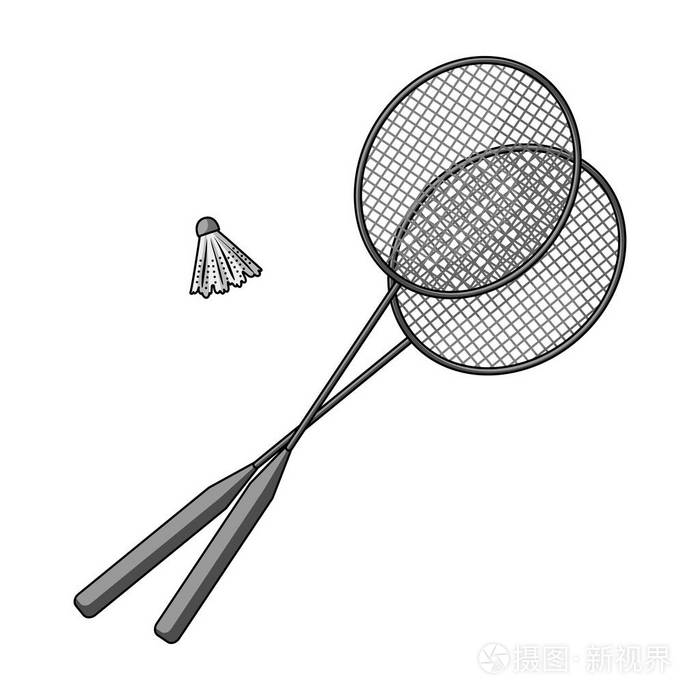球拍和一个羽毛球羽毛球.夏天剩下单个图标在单色风格矢量符号股票图
