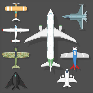 矢量飞机图顶视图和飞机运输旅行方式设计旅程对象