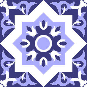 平铺模式隔离的设计向量。葡萄牙瓷砖 Azulejo 西班牙 意大利 墨西哥维尔或摩洛哥的装饰品。蓝色和白色无缝的平铺的模式