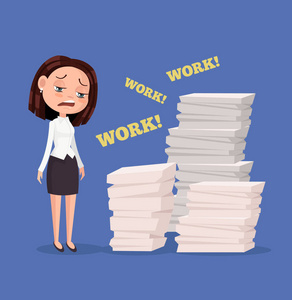 累了不开心办公室工作者女人性格。艰苦的工作。矢量平面卡通插画