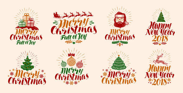圣诞快乐，新年快乐，刻字。圣诞，圣诞，假日标签集或图标。书法矢量图