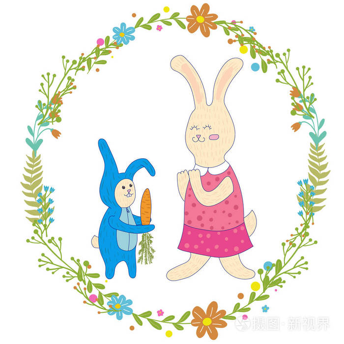 兔妈妈胡萝卜,使鲜花花圈.可爱的手绘动物字符为孩子设计