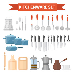 炊具设置平面样式的图标。厨房用具设置隔离在白色背景。烹饪工具和厨具设备。矢量图