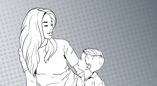 草绘的女人拥抱孩子，母亲带着儿子在波普艺术复古针了背景