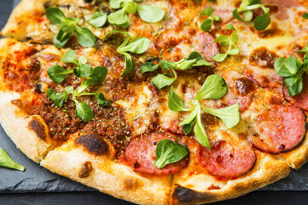 比萨意大利腊肠和绿色叶新鲜出炉，土气的比萨饼