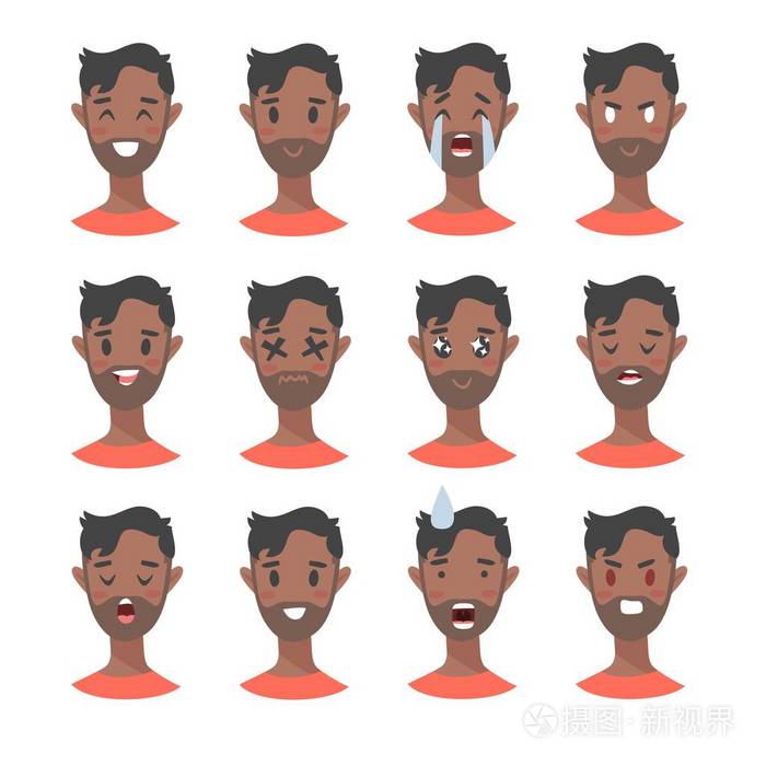孤立的黑人男孩头像与不同的面部表情.平面插画男装人脸情绪.