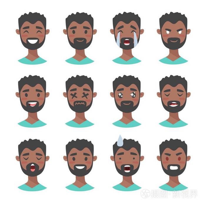 孤立的黑人男孩头像与不同的面部表情.平面插画男装人脸情绪.