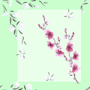 无缝模式幅水彩画的绿色背景上的白色和粉红色的花朵