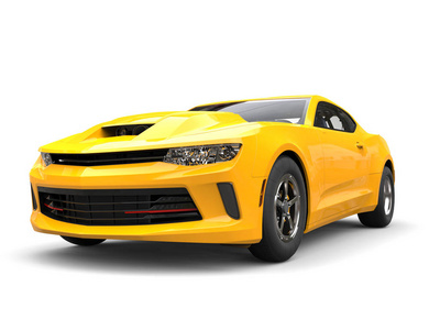 灿烂的阳光黄色现代的肌肉车正面特写拍摄三维图