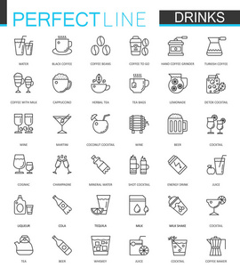 饮料薄线 web 图标集。喝轮廓描边图标设计